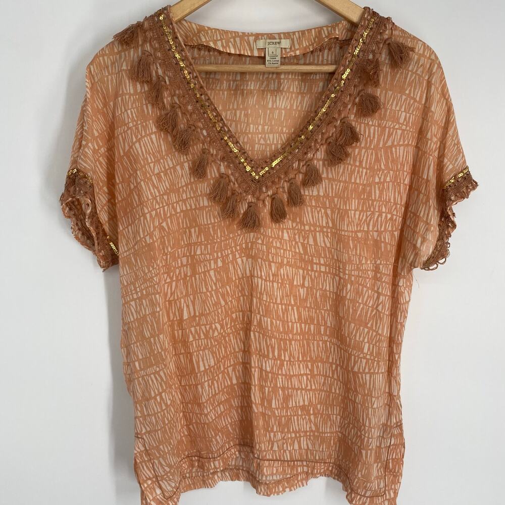 J.Crew‎ Top Women’s 6 Sea Grass Peach Tassle Fringe Sequin Bead Trim Semi Sheer